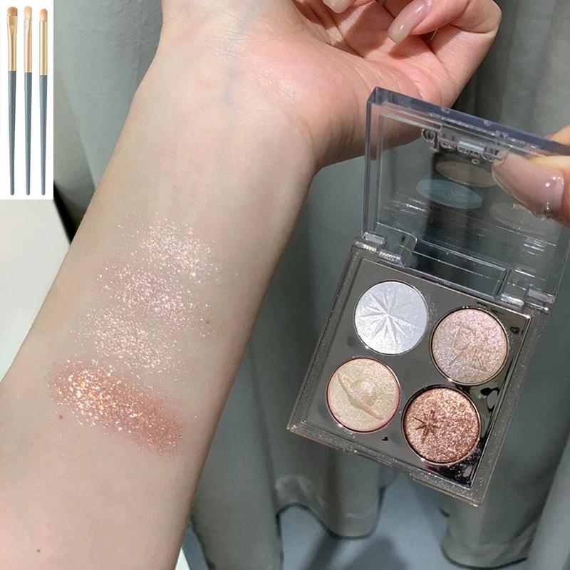 Four-Color Pearlescent Flash Eye Shadow Plate 2025 New Arrival Shiny Crystal Earth Color Purple Highlight Brightening Eye Makeup Fine Glitter