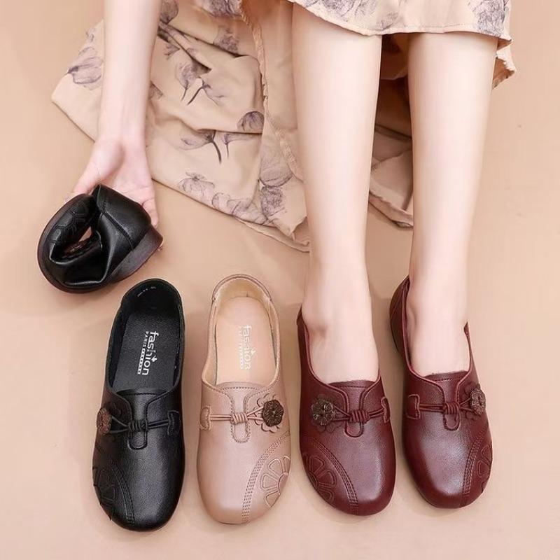 Autumn Spring Ladies Genuine Leather Handmade Flats Non-slip Shoes Women Loafers Casual Shoes Mother Soft Comfortable Shoes