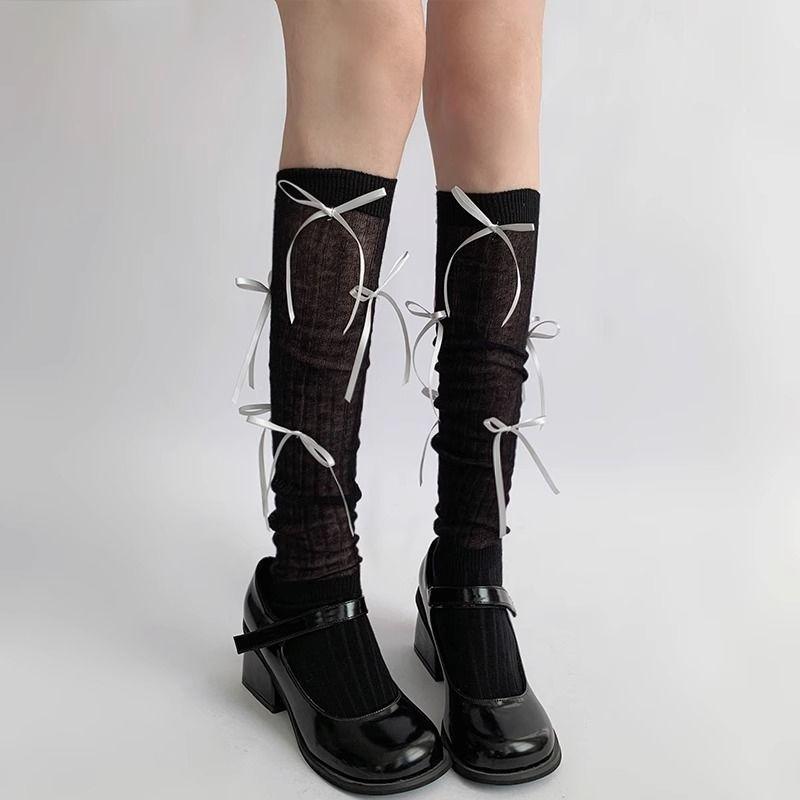 Pure and Elegant White Women's Bow-tied Calf Socks, Ballet Style, Piled-up Socks, Women's Spring and Summer Light School Style