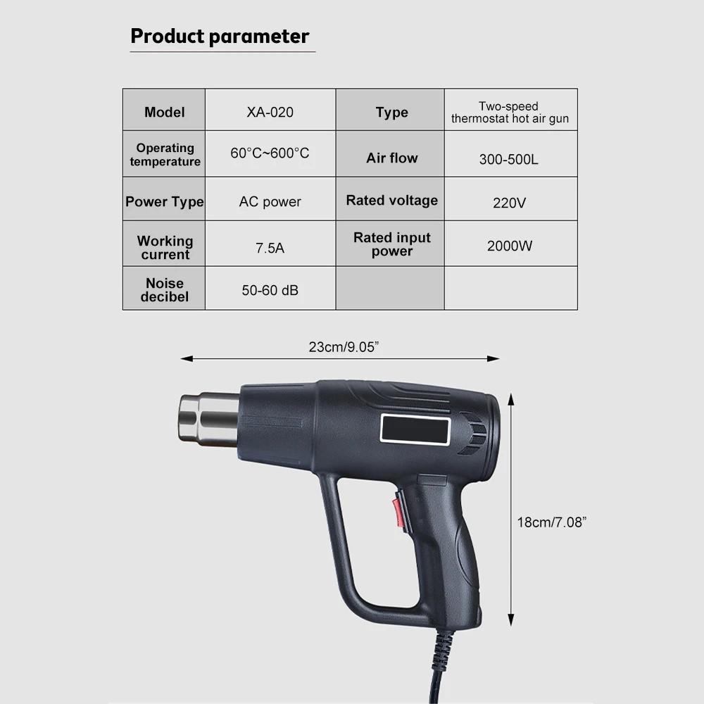 2000W High Power Heat Gun Professional Hot Air Gun Adjustable Temperature 60-600 ℃ DIY Heat Shrink Wrapping Tool