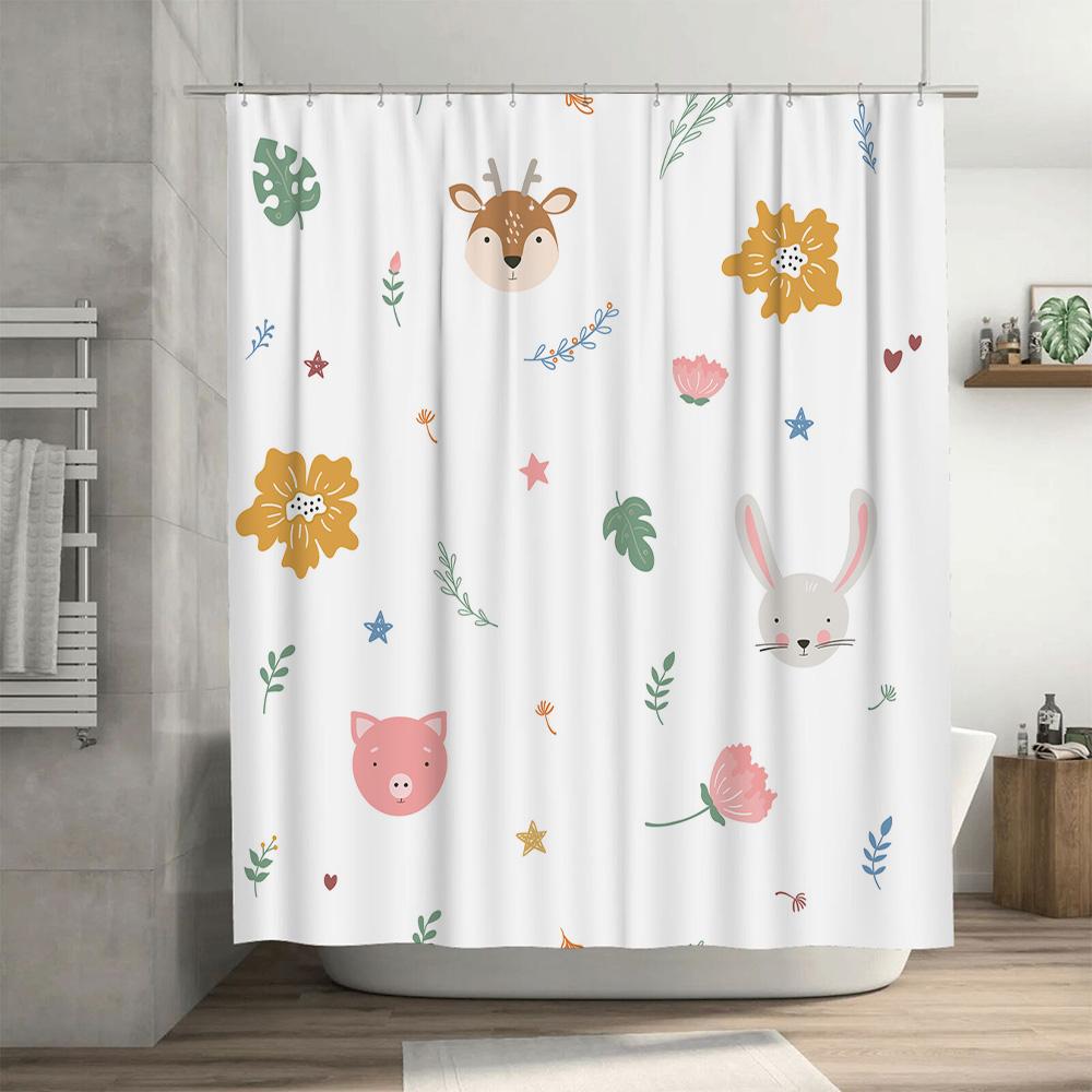 Animal Print Shower Curtain Kids Bathroom Decor For Children'S Room Cute Rabbit Deer Pig Design Flower Shampoo Wash Bag Home Dec
