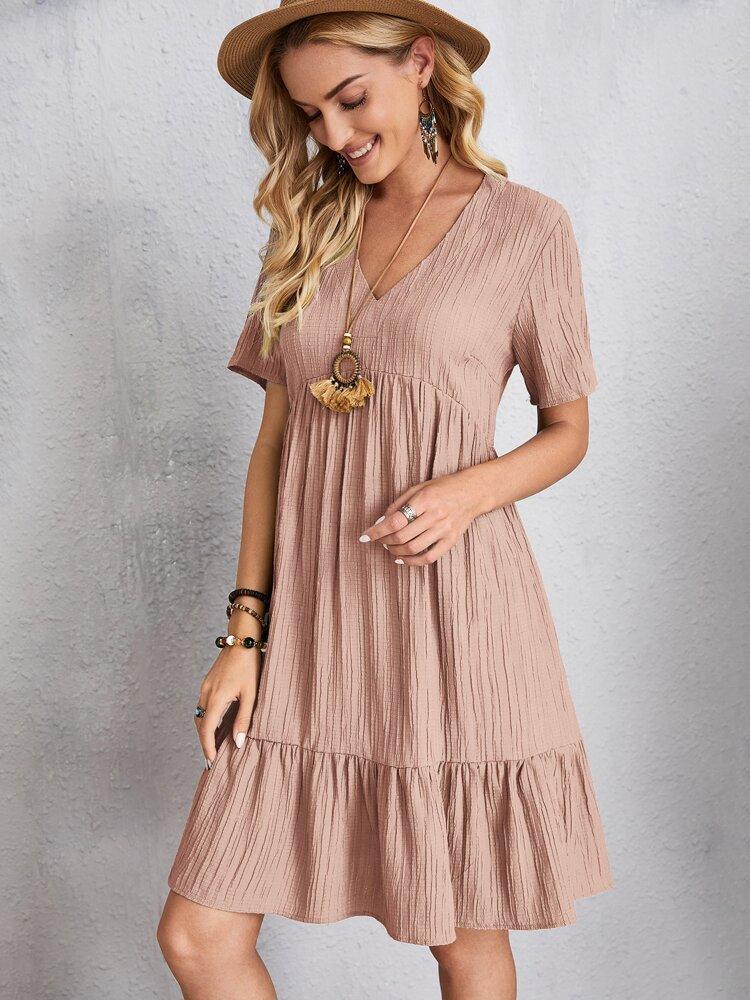 

Fashion new explosive summer solid color V-neck cake skirt XXXL рожевий