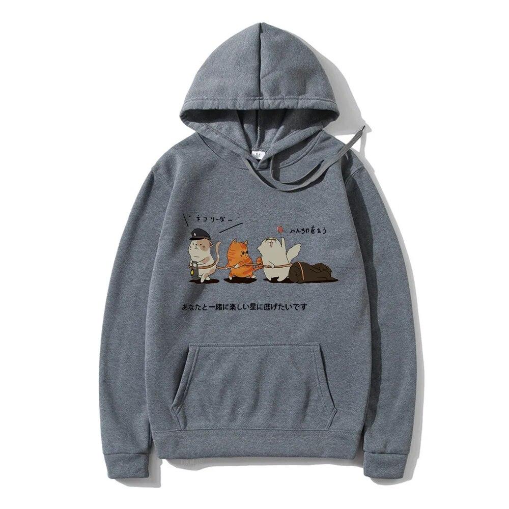 Men Hip Hop Unisex's Hoodies Streetwear Japanese Kanji Harajuku Funny Cat Unisex Hoodies Sweatshirts Autumn Winter Oversized Clothing
