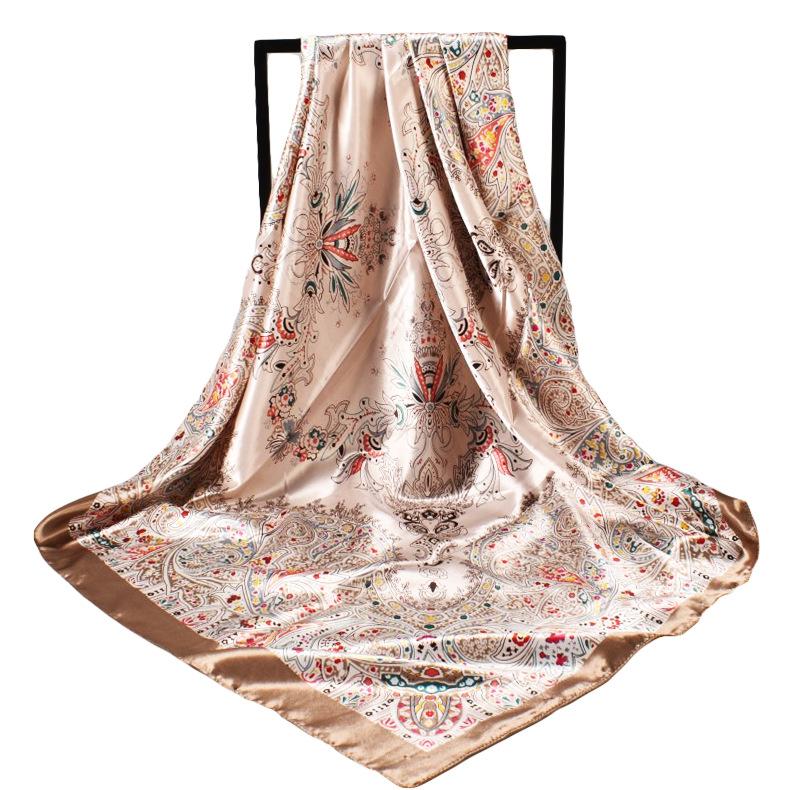 High Quality Silk Feeling Scarf Square Floral Printed Shawl Wrap Spring Summer Neckerchief Hair Band Lady Decor Foulard 90X90Cm