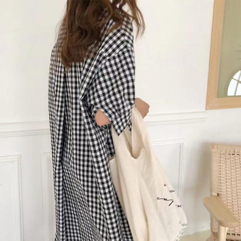 Spring and Summer Super Long Knee Length Checked Shirt Dress