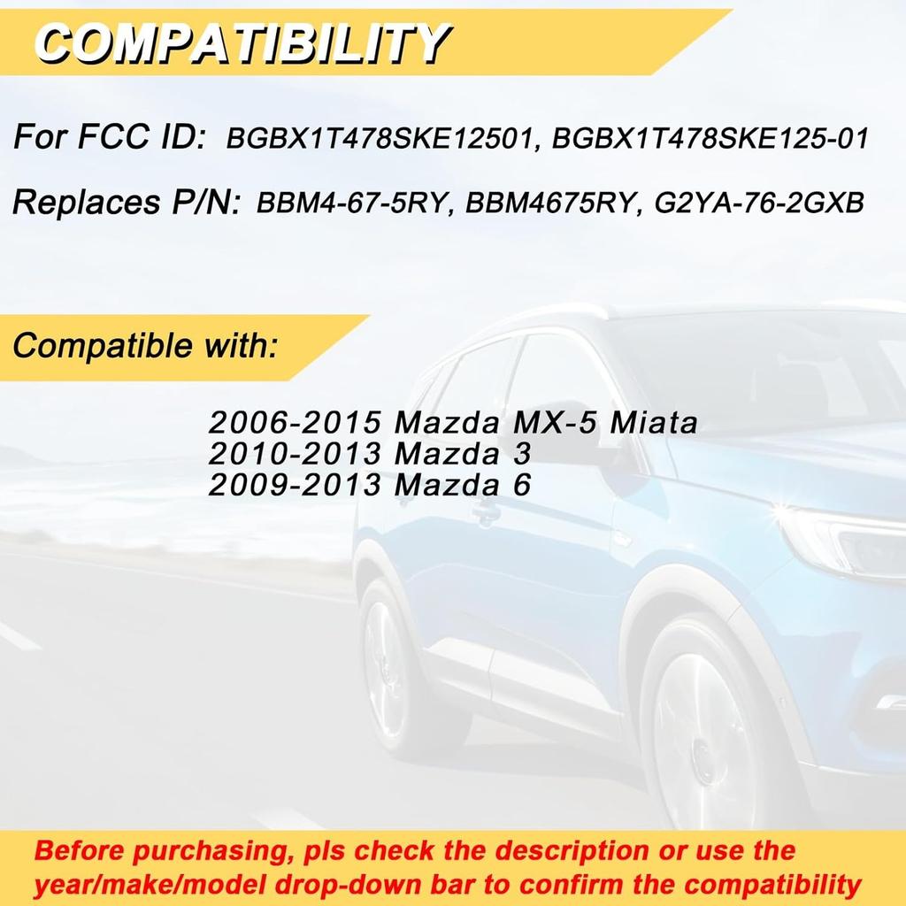 Ersatz-Schlüsselanhänger für 2006-2015 Mazda MX-5 Miata / 10-13 Mazda 3 / 09-13 Mazda 6 Auto schlüsselloses Einstiegs-Fernbedienung, BGBX1T478SKE125-01, 4 Tasten