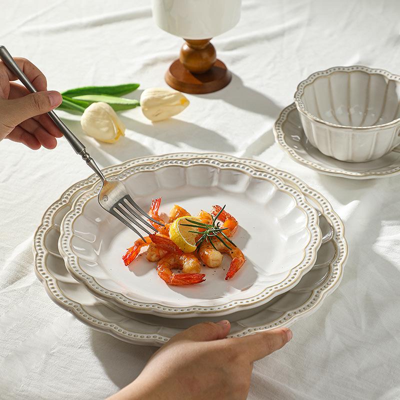 European-Style Relief Ceramic Tableware Set, Household Kiln Change, Retro Western Food Plate, Cup Plate Combination, Steak Pizza Plate, Bone Plate.