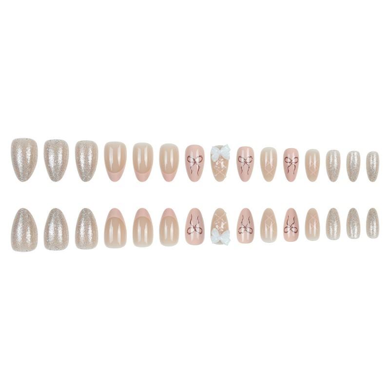 30pcs Sweet Pink Press-On Nails With Bowknot Design French Tip False Women Short Waterdrop Shape Removable