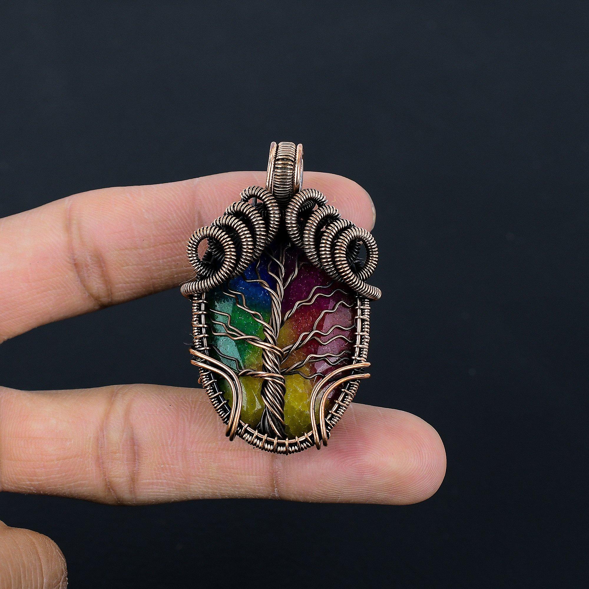 

Кулон из Радужного Солнечного Кварца, обернутый медной проволокой 999 пробы, Ювелирное изделие с подвеской из драгоценного камня ручной работы, Подарки для жены, Новая подвеска 2.55 Inches