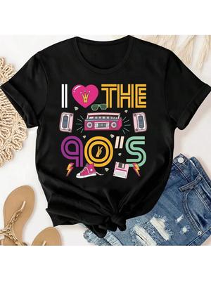 90s Love-Themed Graphic T-Shirt Casual Crew Neck Short Sleeve Top Regular Length Alphabet Pattern For Wo'unisex All-Season Wear
