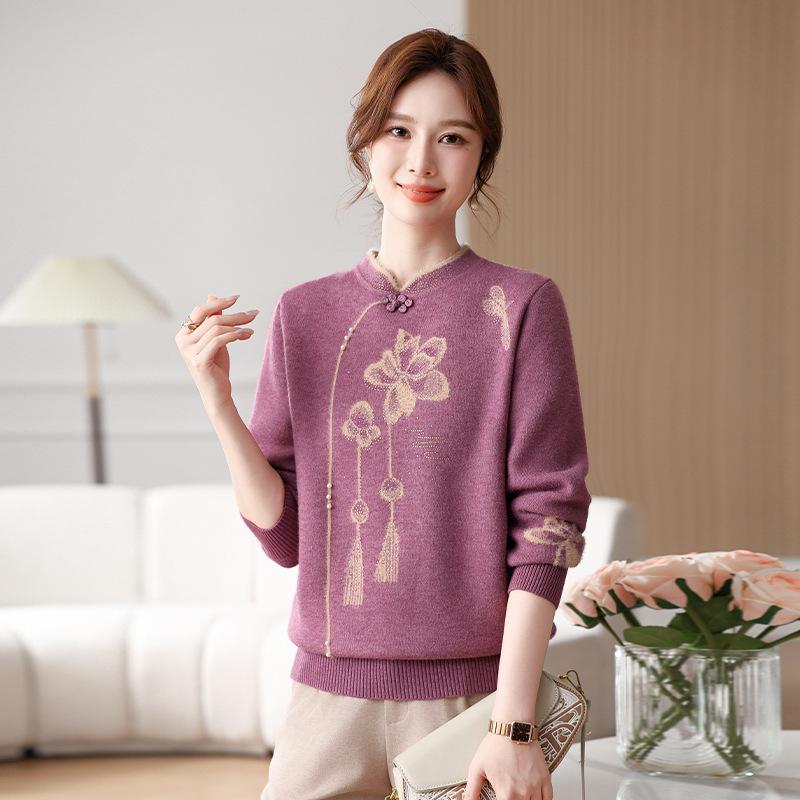 Mamas Pullover mit Frühlingsplüsch-Unterhemd, rotes Oberteil für mittelalte und ältere Damen.