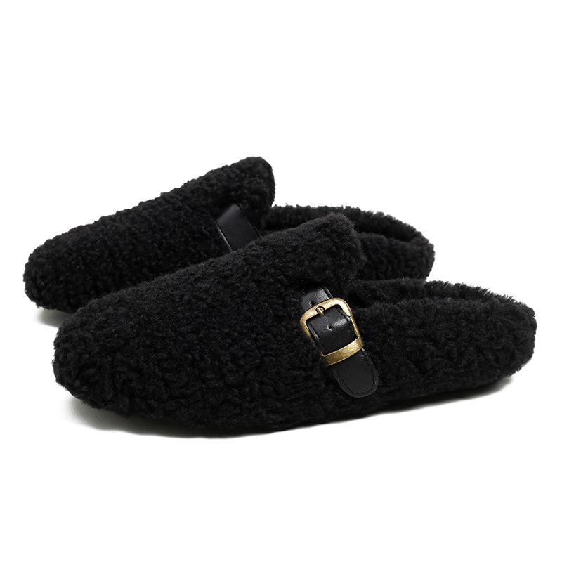 Fashion 2025 Women Belt Buckle Wool Pantuflas Shoes Flats Slip On Sheep Fur Slippers Ladies Home Slides Femmes Cotton Lambswool Mules