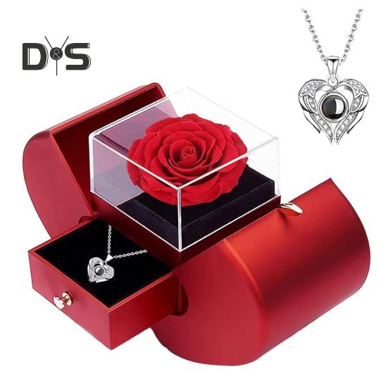 

Подарочная коробка с консервированными розами и ожерельем «Люблю тебя на 100 языках» Романтический набор ювелирных изделий Подарки на годовщину, День матери, День святого Валентина красный