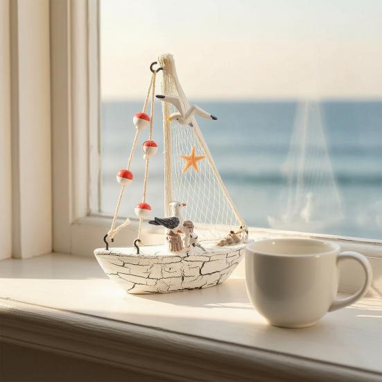 Nautical Wooden Sailboat Models Coastal Beach Style Blue White Ship Tabletop Figurine for Home Living Room Office Farmhouse Decor