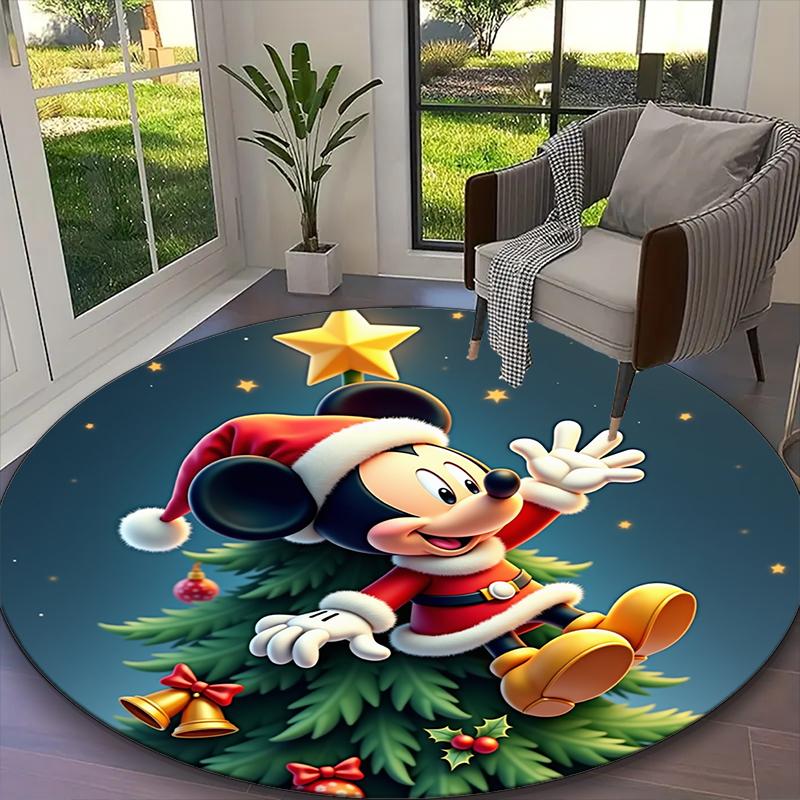Mickey Mouse Christmas Red Green Floral Print Round Rug, Multi-functional Office Chair Sofa Carpet, Easy Clean Carpet for Home and Living Spaces