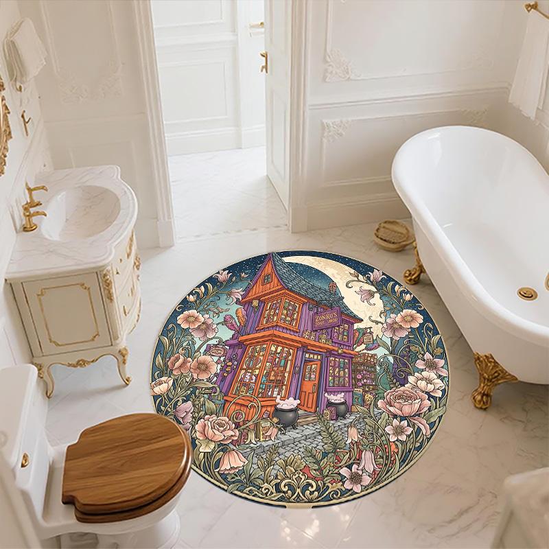 Flower Building,Round Area Rug,Carpet Rug for Living Room Bedroom Sofa Playroom Decor,Non-slip Floor Mat