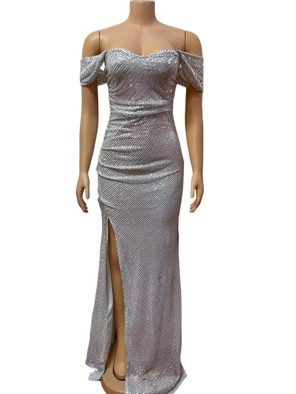 Elegant Sequin Slit One-Shoulder Long Dress - High-End Fashion for Women