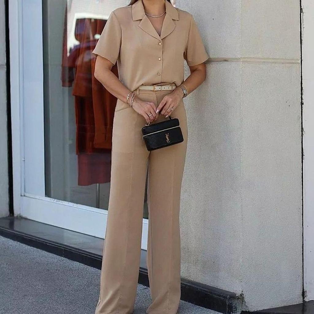 2024 Sommer Einfarbig Schlankmachendes Hemd & Hochtaillierte Anzughose Set
