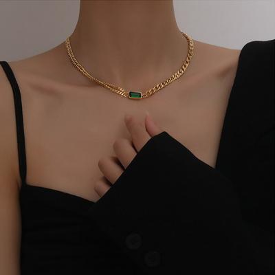 Titanium Steel Vintage High Grade Green Diamond Necklace Ins Sen Style Collar Chain Simple and Versatile Cold Wind Neckchain for Women