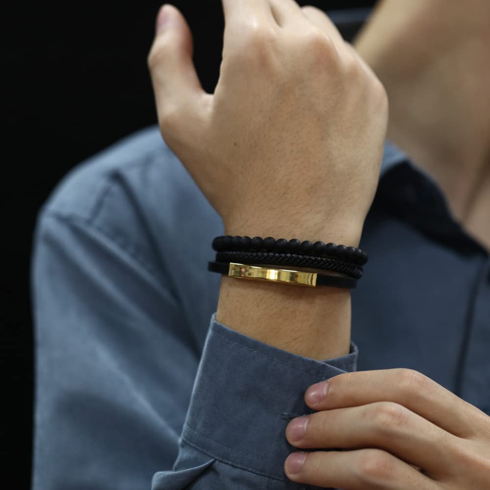 Pulseira Masculina de Couro Preto Rockyu com Contas de Oração, Pulseira Multi-Voltas, Perfeita para Presentes de Aniversário