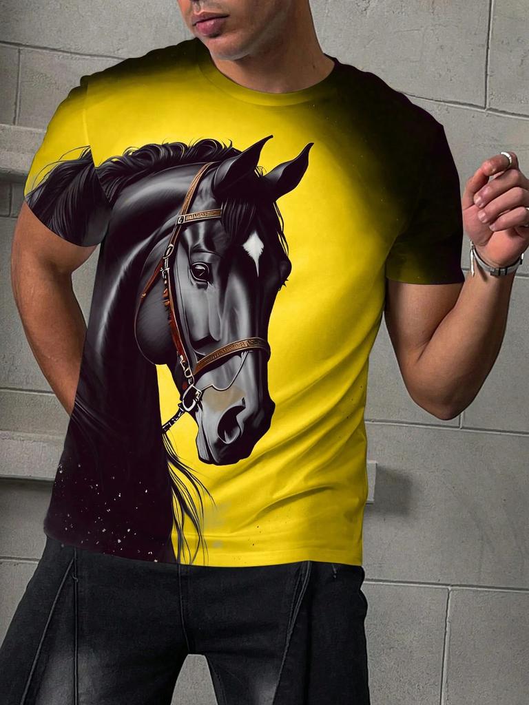 Men's 3D Animal Horse Printed T-shirt 2026 Summer New Men's Round Neck T-shirt Casual Comfortable Hip Hop Pullover Short Sleeve
