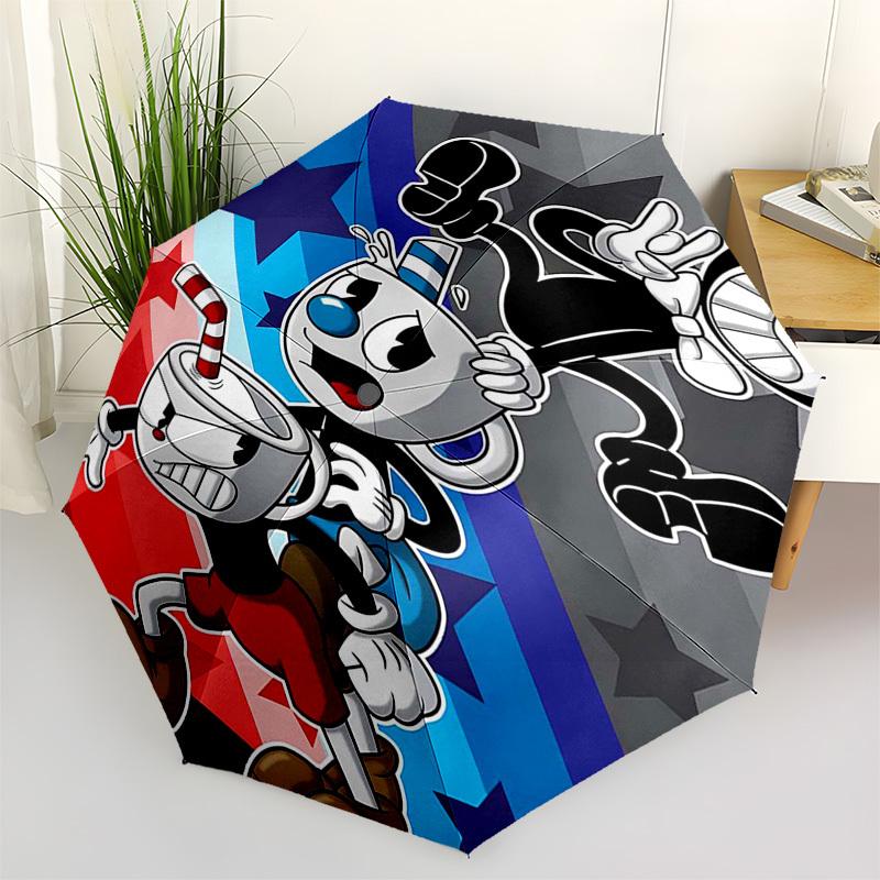 

1pc Cuphead Themed Outdoor Umbrella - Automatic Opening/Closing, Portable 3-Fold Design with Iron Frame - Perfect Gift for Fans, Travelers, Daily Use.