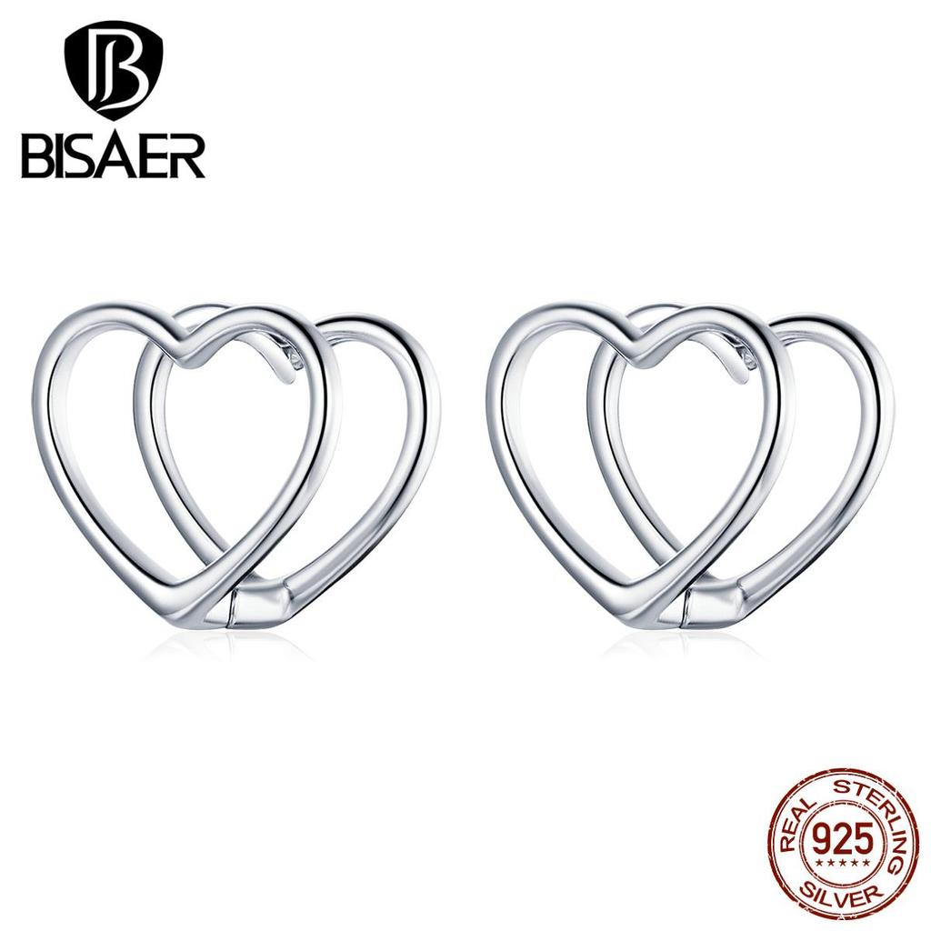 Bisaer 925 Sterling Silver Simple Fashionable Heart Shape Stud Earrings for Women Wedding Fine Jewelry