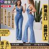 Europe, America, autumn and winter new women's denim jumpsuit fashion flip pocket button front jeans
