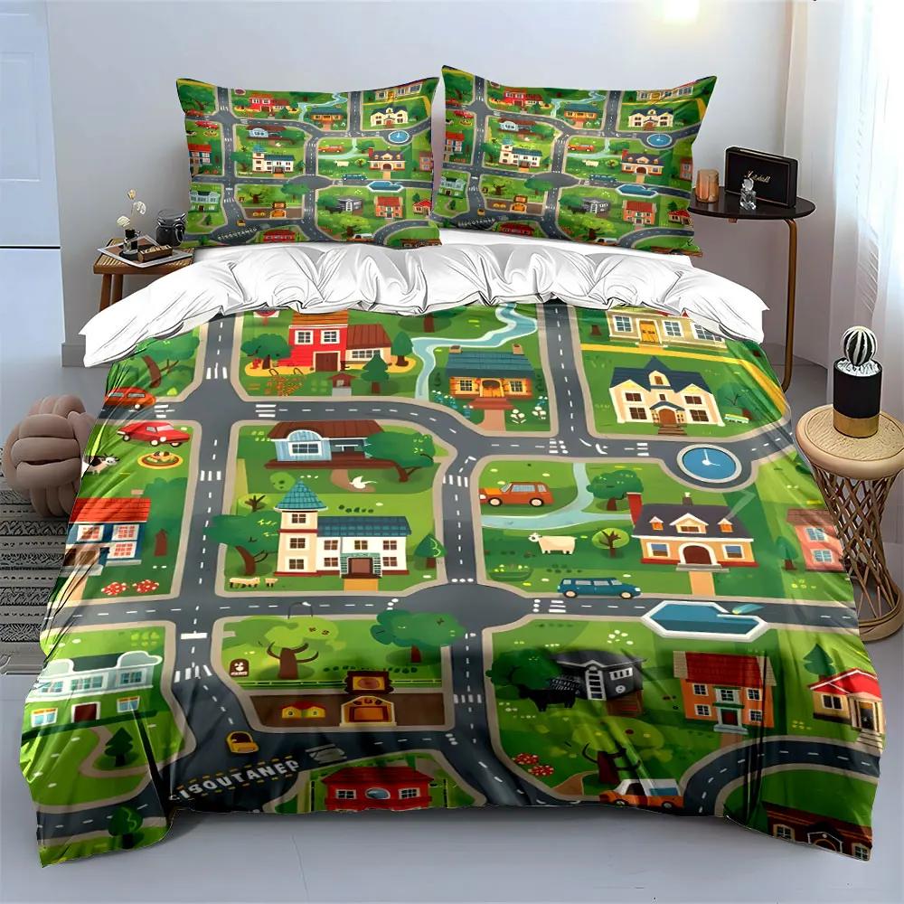 "Kids Playroom Road Map Set" Soft Comfortable Duvet Cover Bedding Set Included 1*Duvet Cover & 2*Pillowcases gift