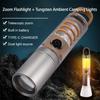 Podwójne źródło Mocna lampa wolframowa LED Teleskopowa latarka z zoomem Wodoodporna zewnętrzna lampa robocza kempingowa Jasna latarka z hakiem