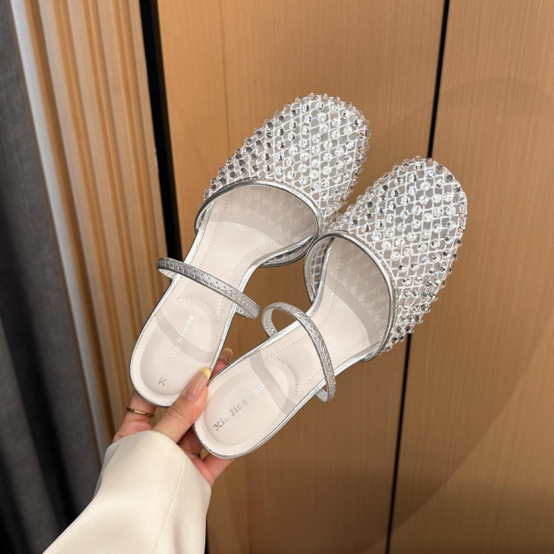 

396-2 full diamond round head with high heels, new retro Xiaoxiangfeng shallow mouth mesh back empty single shoes women s shoes 40 серебряный