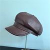 Pu Leather Beret Hat With Metal Logo Korean Retro British Painter Style Unisex Octagonal Cap Newsboy Cap For Autumn Winter