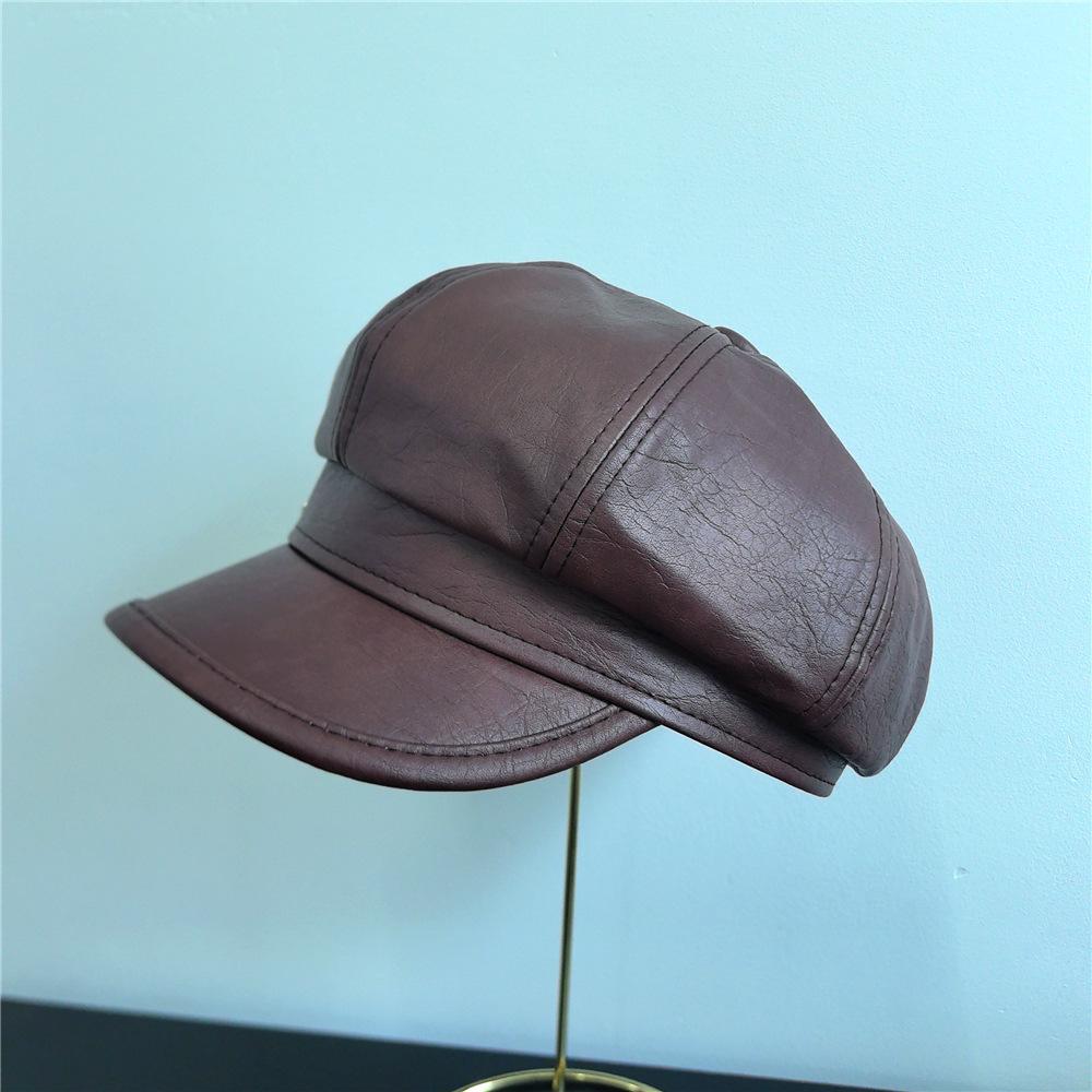 Pu Leather Beret Hat With Metal Logo Korean Retro British Painter Style Unisex Octagonal Cap Newsboy Cap For Autumn Winter