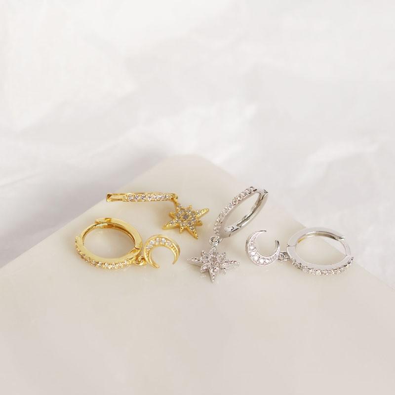 Asymmetrical Star Moon Earrings Women Sterling Studs Fashion Trendy Ear Cuffs