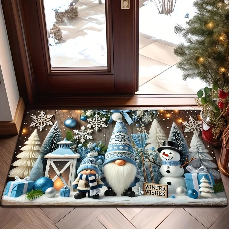 Blue Christmas Gnome Snowman Doormat, Festive Gift Lantern Design Rug, Non-Slip Machine Washable Holiday Door Carpet