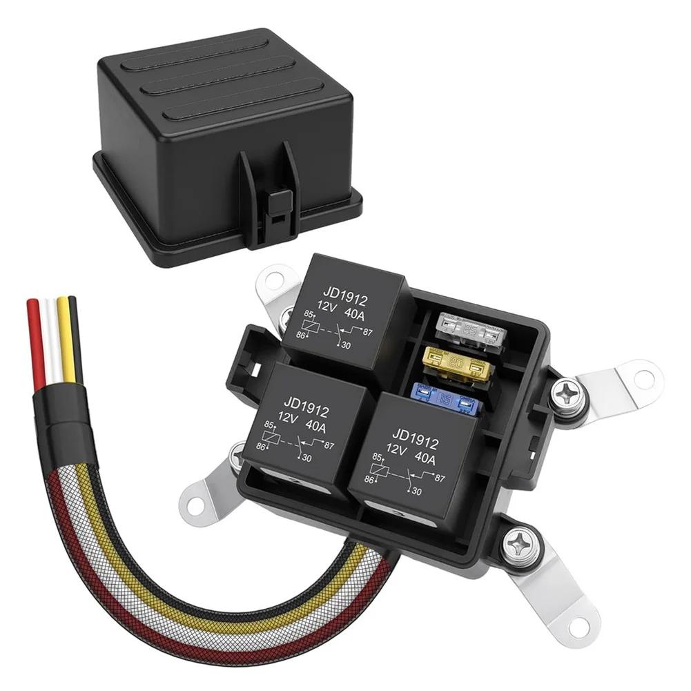 12V 3 Way Waterproof Fuse Relay Box Blade Fuse Slots 4-Pin 5-Pin 40Amp Relay Fuse Relay Block For Cars Truck Marine Boat