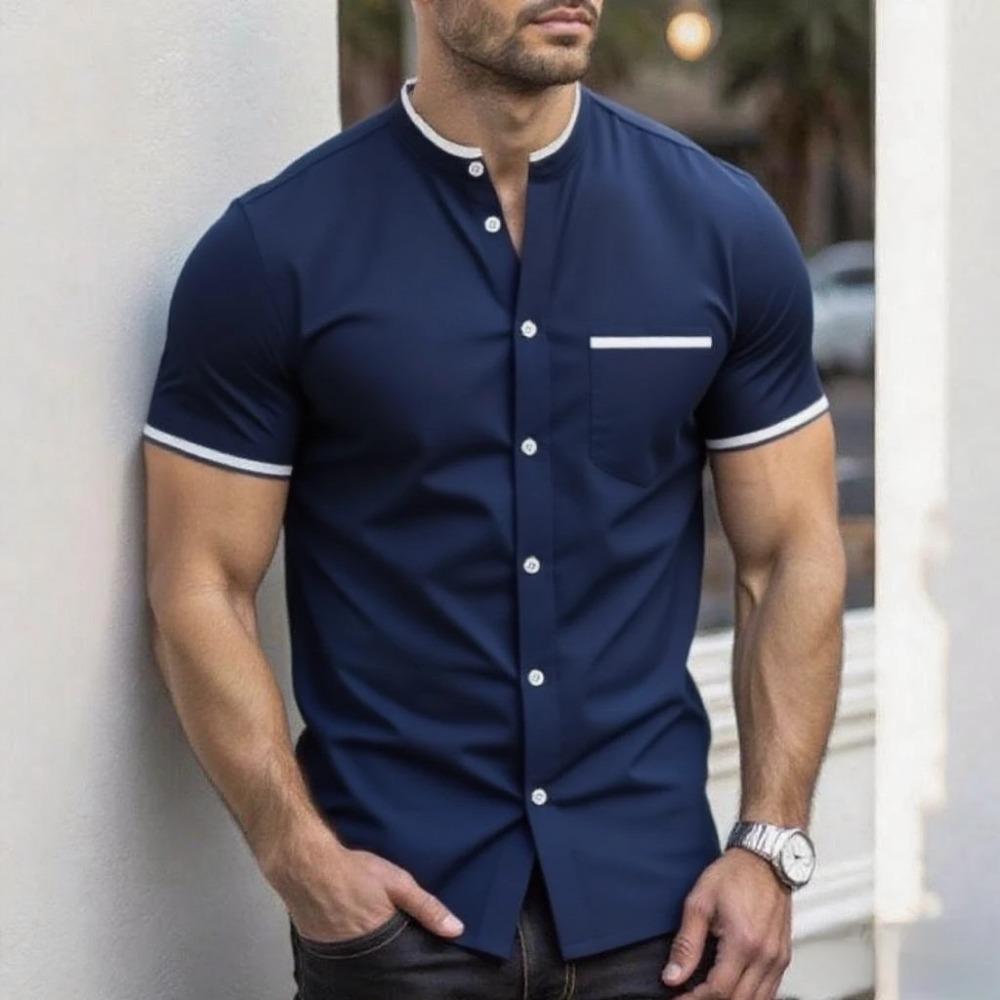 New Men Summer Short Sleeve Fashion Stand Collar Shirt Men Pure Color Casual Shirt