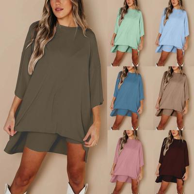 Women's Summer 2-Piece Round Neck Short Sleeves Drop Shoulder Big Kids Top And Bar Skinny Yoga Biker Shorts Set