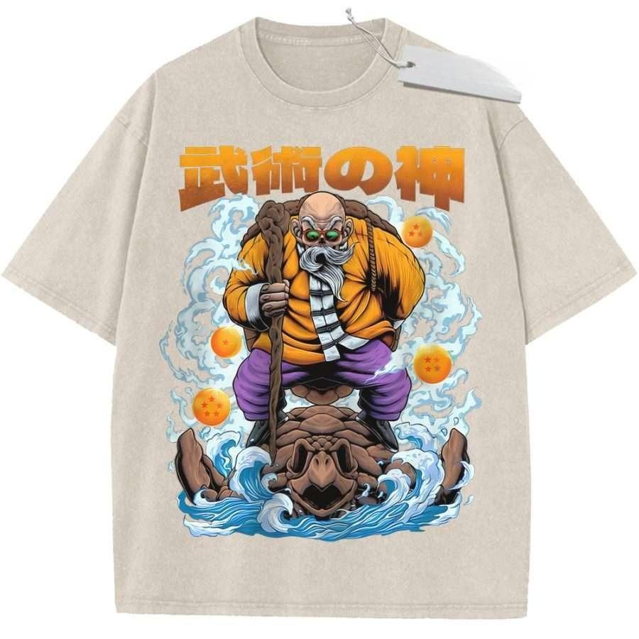 Unisex Washed Beige Vintage Tshirt Dragon Ball Master Roshi Seven Stars Balls Highquality Fabric for Home Leisure Travel