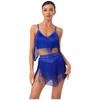 Womens Salsa Latin Dance Performance Costume V Neck Sleeveless Crisscross Back Fringe Crop Top Tiered Tassels Skirt