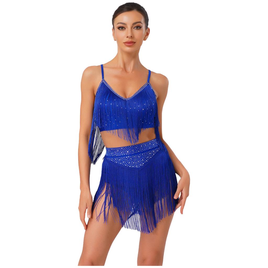Womens Salsa Latin Dance Performance Costume V Neck Sleeveless Crisscross Back Fringe Crop Top Tiered Tassels Skirt