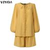 VONDA Two Pieces Women Crochet Hem Buttons Blouse Elastic Waist Shorts Outfits