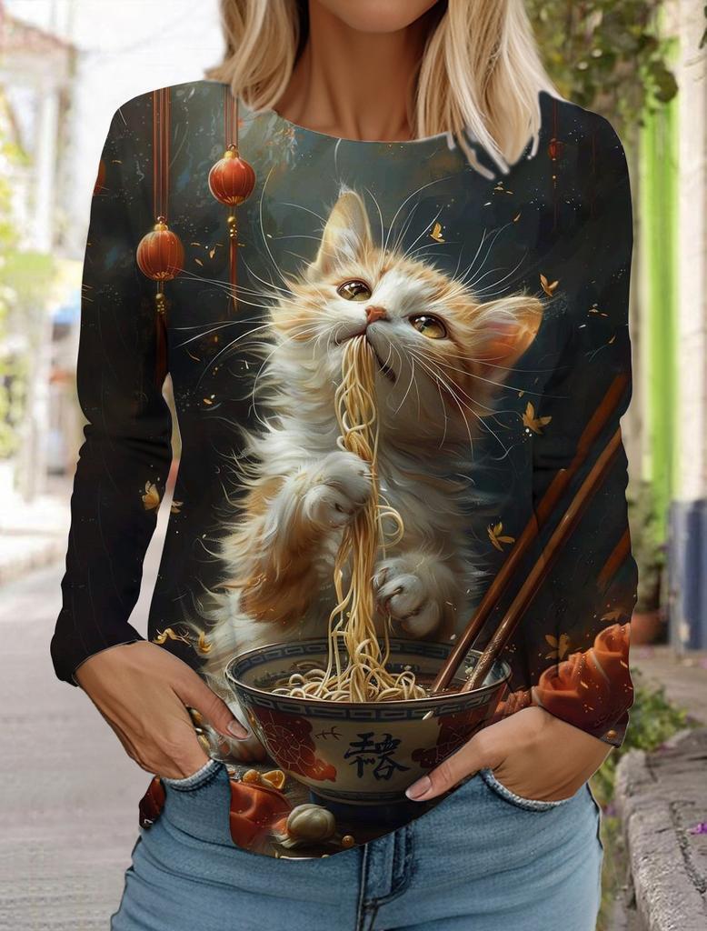 Felpa da Donna Designer Girocollo Manica Lunga Moda Casual Carina Gatto Animale Stampa Modello Top