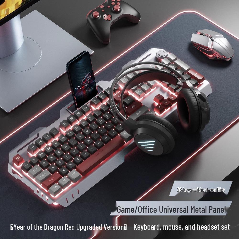 Men's Wired Gaming Set: Mechanical Keyboard, Mouse, and Headset for Esports & Internet Cafe Desktops.