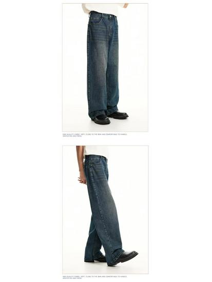 Men's Retro Distressed Wide-Leg Jeans - High Street Fashion, Loose, Straight, Floor-Length.