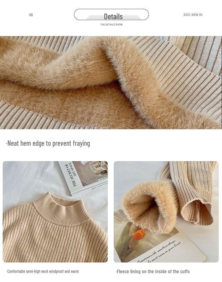Women's Fleece-Lined Thick Sweater for Autumn/Winter, Half-High Collar Plush Base Layer, High-Grade Warm Top.