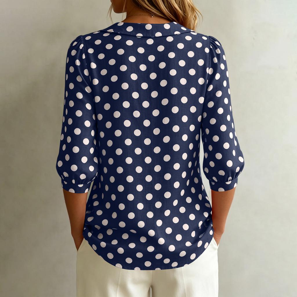 Womens Casual Loose Fit Polka Dot V Neck Blouse with Long Sleeves Button Down Design and Collar for Everyday Wear