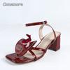 Burgundy Heels for Ladies Elegant Flower Sandals Ankle Straps Square Toe Fashion Women's Footwear Party Dress Shoes for Women