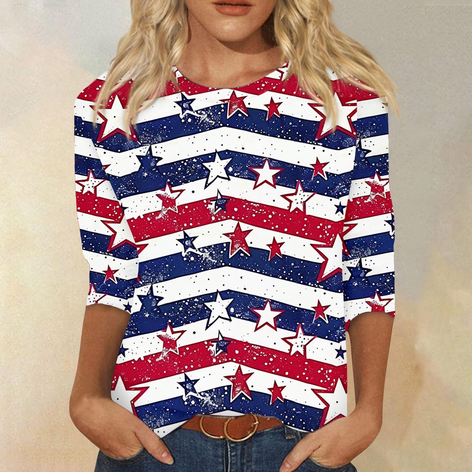 

Женский модный повседневный топ с круглым вырезом с рукавом три четверти и принтом ко Дню независимости XL белый