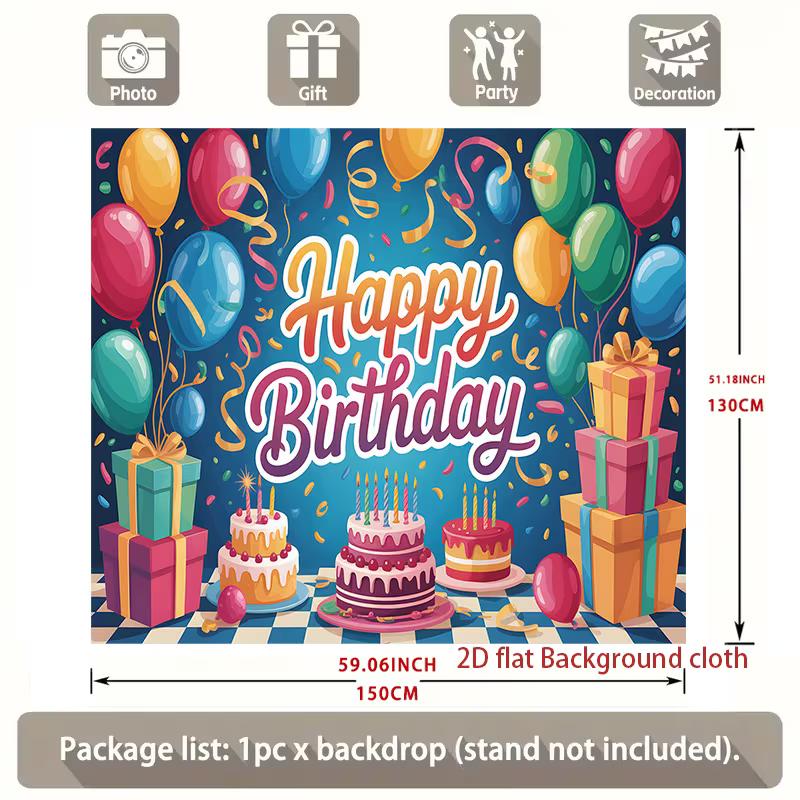 2D Party Backdrop for Kids' Birthday Celebrations, Colorful Balloon & Cake Themed Parties